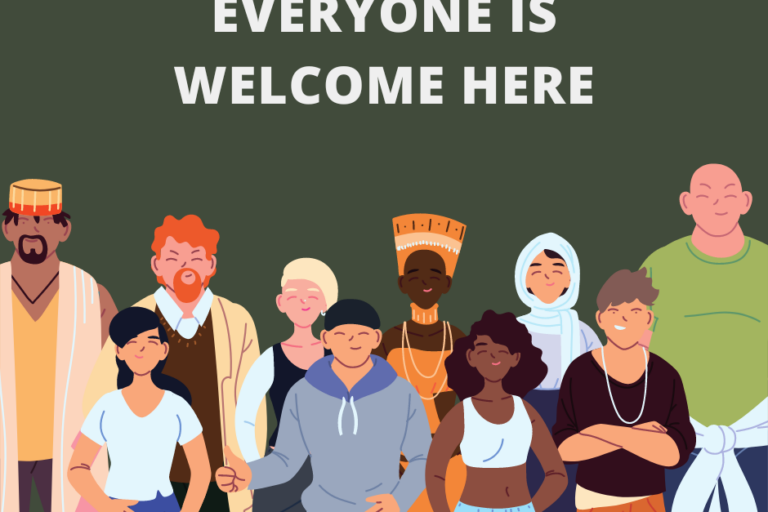 diversity Text: Everyone is welcome here. Image: Group of diverse people representing a collection of affinity groups
