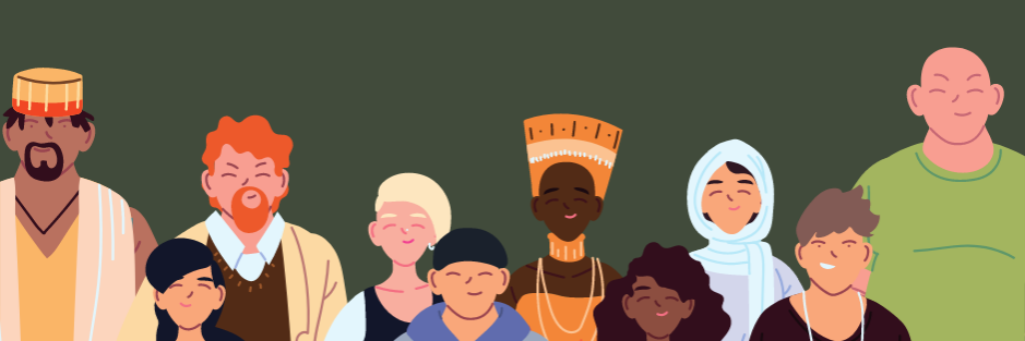 diversity Text: Everyone is welcome here. Image: Group of diverse people representing a collection of affinity groups