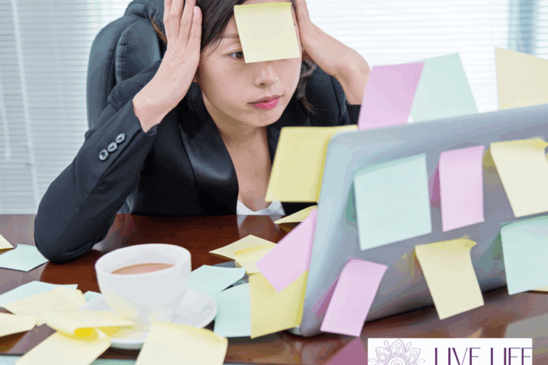 Vagus Nerve Support Vagus Nerve Support; Image: Woman at her computer with sticky notes all over the place including on her forehead